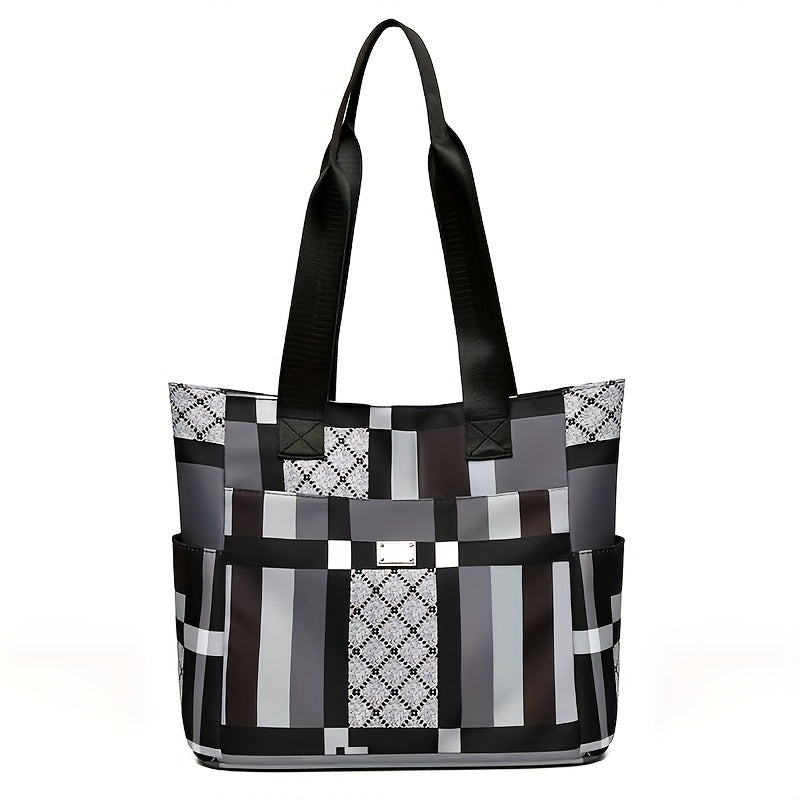 Fashionable Large-Capacity Geometric Handbag - Lightweight Nylon Shoulder Bag, Black, White And Grey Checkered Patterns, Foldable And Multi-Functional, Suitable for Daily Use, Casual Handbag | Modern Casual Bag | Foldable Handbag