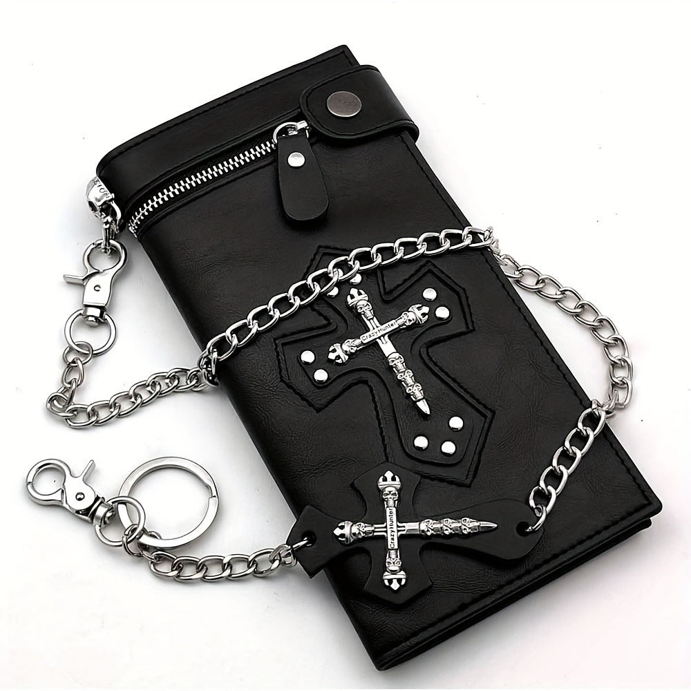 Mens Gothic Skull Cross Leather Biker Punk Wallet with a Metal Long Chain Black
