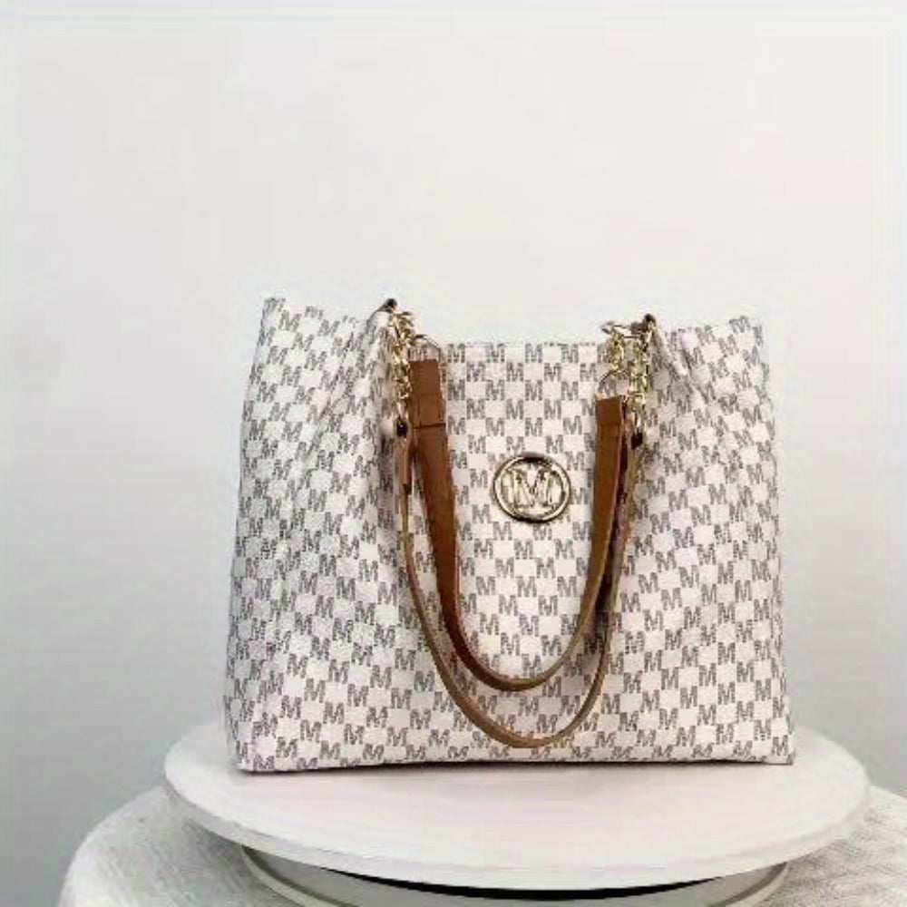 Stylish Handbag for Women Featuring a Golden Chain Shoulder Strap And an 'M' Emblem - Made of Synthetic, Available in Light Brown, White, And Black, with a Houndstooth Design, Zipper Closure, And Lining