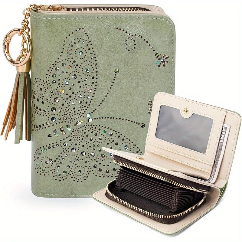 Wallet Women RFID Blocking Small Wallets With Cash Clutch Compact Bifold With Zipper Coin Pocket Ladies Credit Card Holder Glittery Butterfly Travel Purse With Tassel GREEN Mom Gift Tote Essential Daily