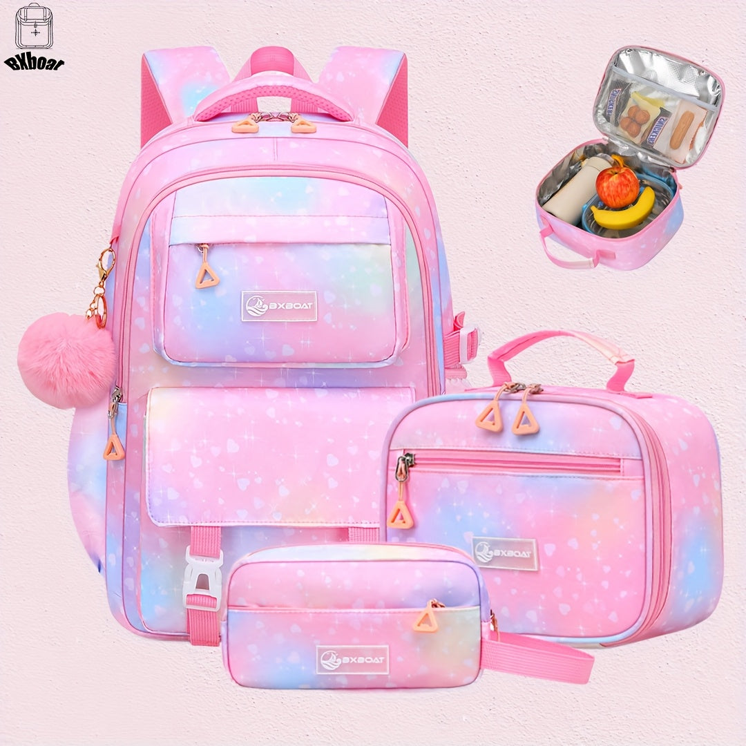 3pcs Girls' Large Capacity School Backpack with Lunch Box Holder & Pencil Case Suitable for Back to School, 15.6” Laptop Compartment, Adjustable Straps, Multi-Pocket Bookbag for Travel, Lunch Storage, Pencil for School Daily Use