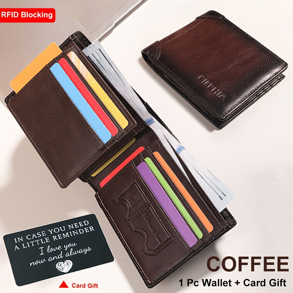 A Set Includes a Greeting Card And a Men'S Genuine Leather Wallet Made of Top-Layer Cowhide, Featuring RFID Protection Against Skimming. It Can Hold ID Cards And Credit Cards with 11 Card Slots - a Multifunctional, Spacious Vintage Wallet