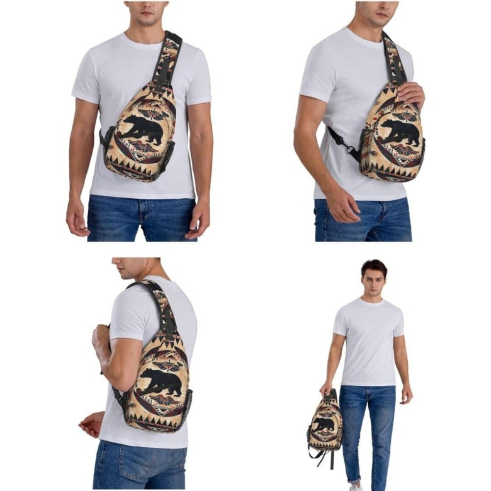 Native American Bear Tribal Print Men's Crossbody Chest Bag - Southwestern Style Belt Bag with Secure Zipper, Turquoise Accent & Bear Paw Design, Durable Multifunctional Waist Bag for Outdoor Travel,, Daily Use (Hand Washable)