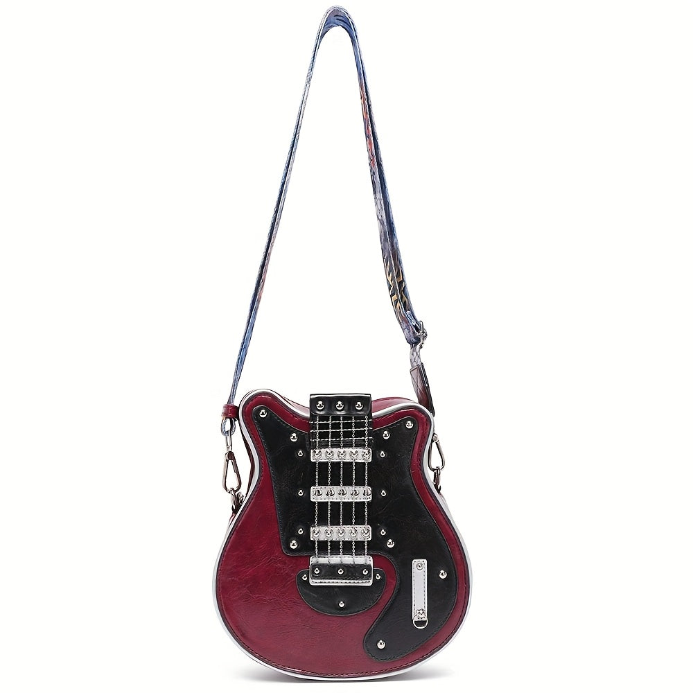 Distinctive Creative Y2K Hot American Style Guitar Shaped Bag Beth Guitar Shaped Bag Shoulder Bag Crossbody Bag Fashionable Chain Rivet Decoration Color Contrast Wide Shoulder Strap Women's Bag Street Unisex Bag