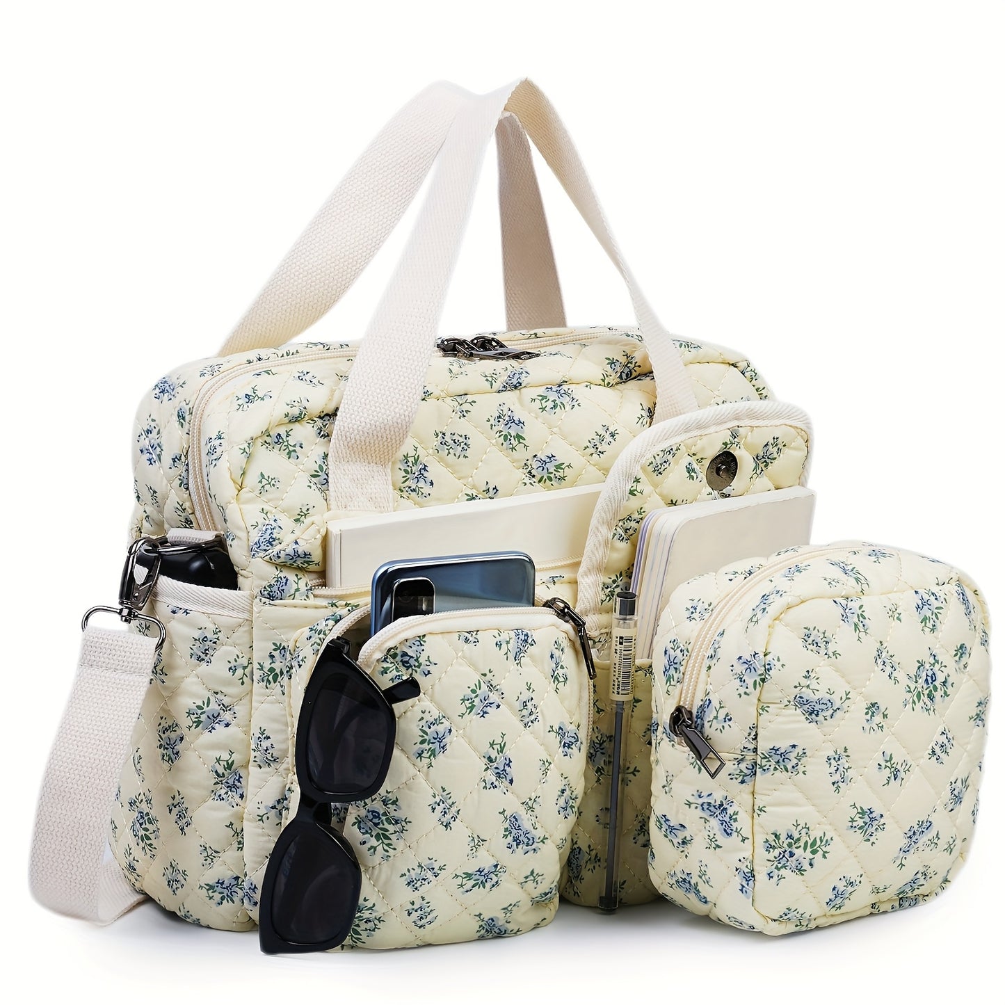 2pcs/Set Small Cute Floral Quilted Tote Bag with Multi-Pockets for Women, Crossbody Shoulder Everyday Handbags