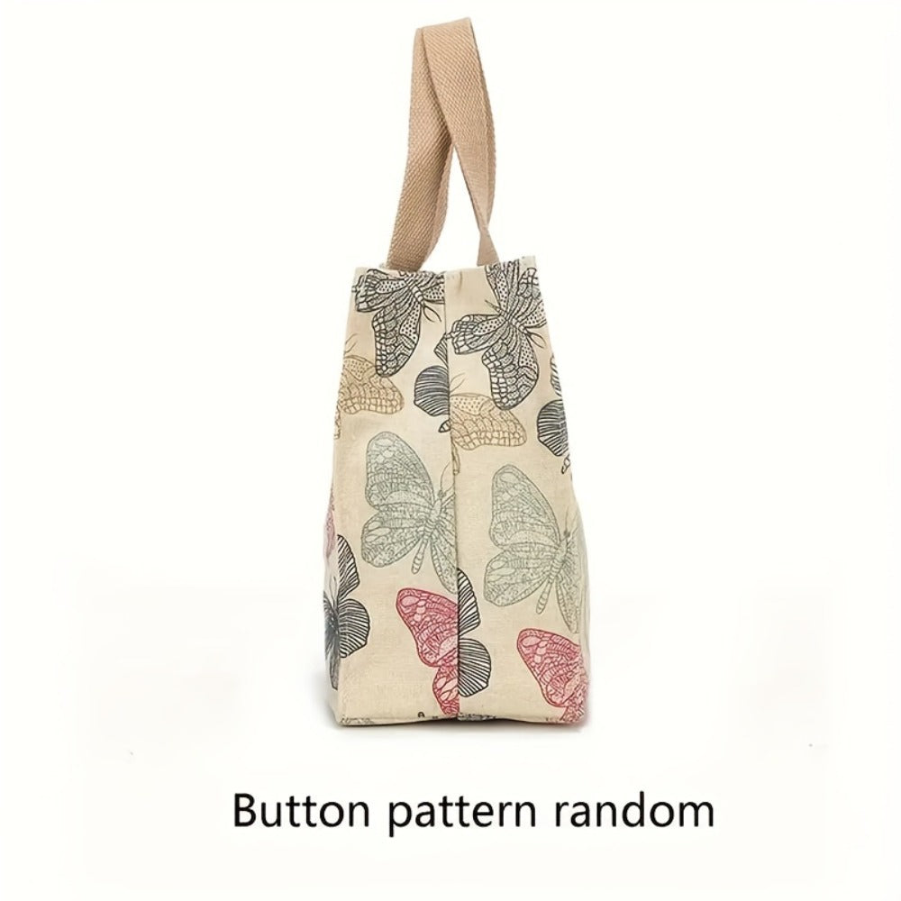 Fashionable Butterfly Printed Canvas Handbag - Portable Lunch Bag With Safety Buckle, Suitable For School, Travel, Picnicking, And Office Use