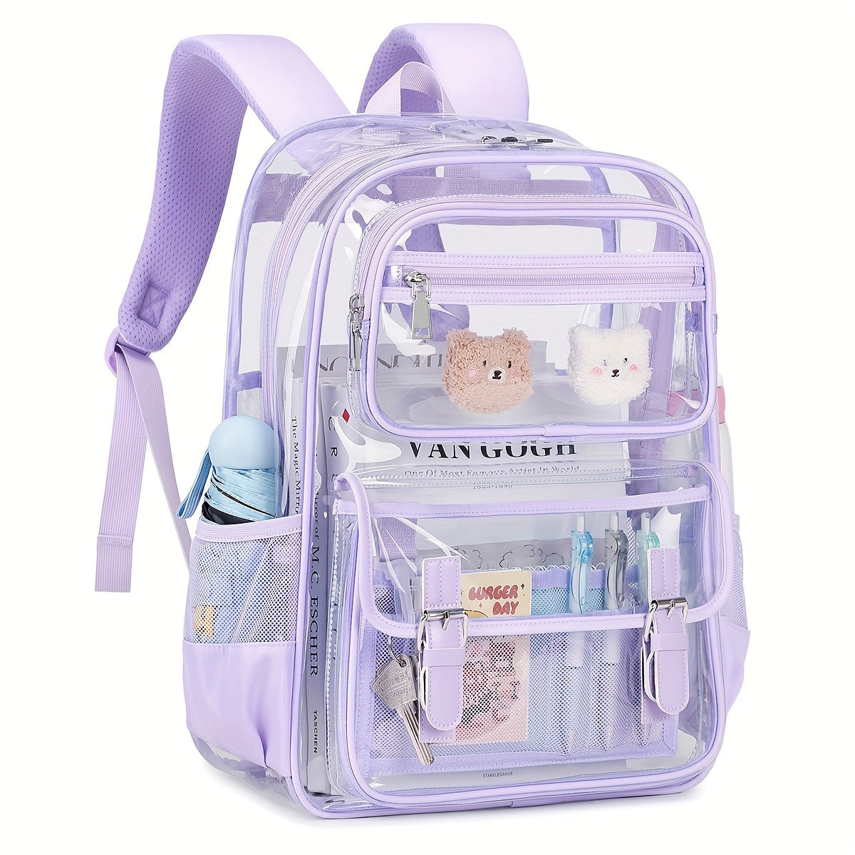 Women's PVC Transparent School Backpack with Large Capacity Multi-Pocket Bookbag, Adjustable Shoulder Straps & Transparent Panels Suitable for School, College, Office, Computer Bag, Laptop Carrier, Zipper Closure