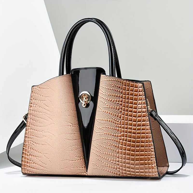 Women's Genuine Leather Shoulder Bag with Detachable Strap - Luxury Crocodile Texture Handbag, Golden Hardware & Zipper Closure, Elegant Top-Grain Leather Purse for Mom, Birthday/Thanksgiving Gift for Casual & Formal Occasions