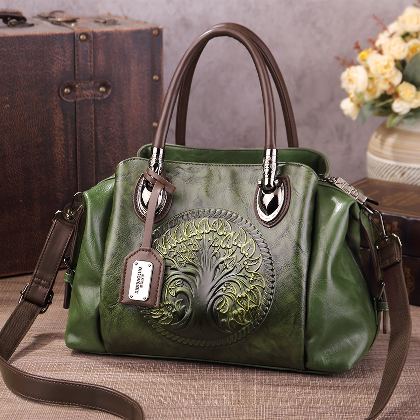 Women's Retro Flower Embossed Tote Bag, Gradual Change of Color, Large-Capacity Satchel Hand Bag, Suitable for Commuting and Gathering