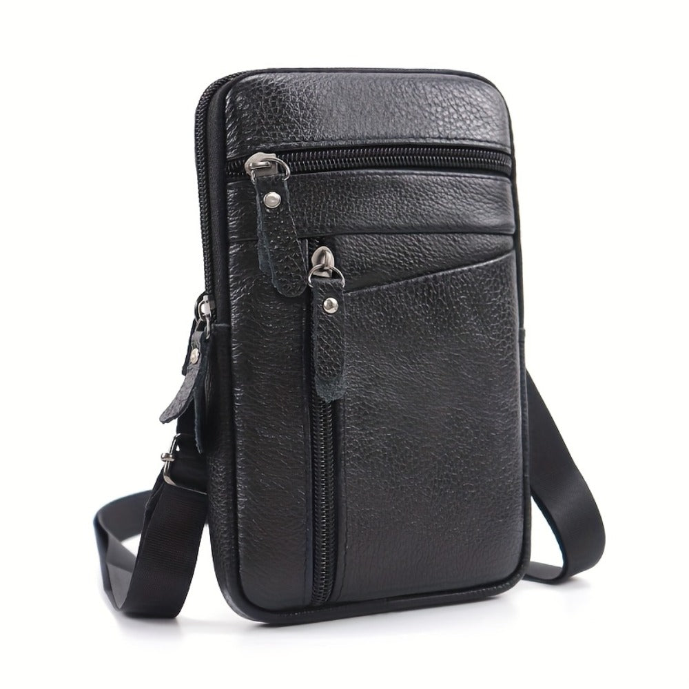 Men's Genuine Leather Sling Bag Belt Pack with Multi-Layer Crossbody Waist Pack Suitable for Daily Use, Outdoor Travel & Business - Adjustable Strap, Secure Zipper Closure, Hands-Free Carry - Top Layer Cowhide ()
