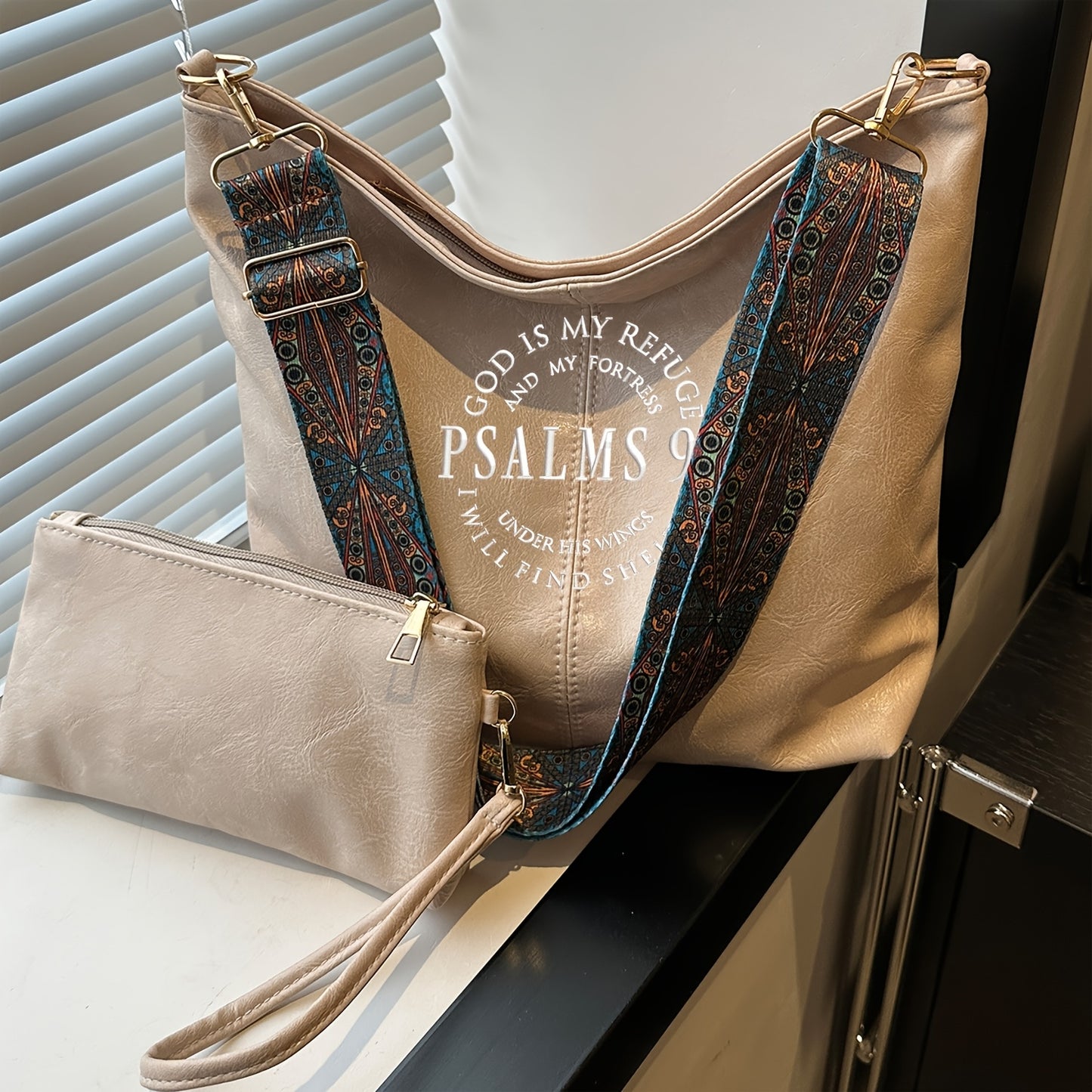 Wide Shoulder Strap, Large Capacity Tote Bag, Mother And Daughter Bag, Shoulder Body Bag, Underarm Bag, Coin Purse, Casual Versatile, White with English Lettering.Psalms91. Theme Suitable for Daily Commuting