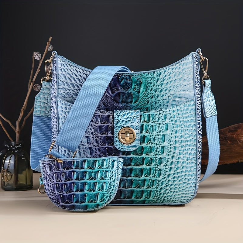 Trendy Crossbody Bag with Crocodile Pattern - Premium Bucket And Coin Purse Style - Multi-Purpose Shoulder Bag Suitable for Any Event