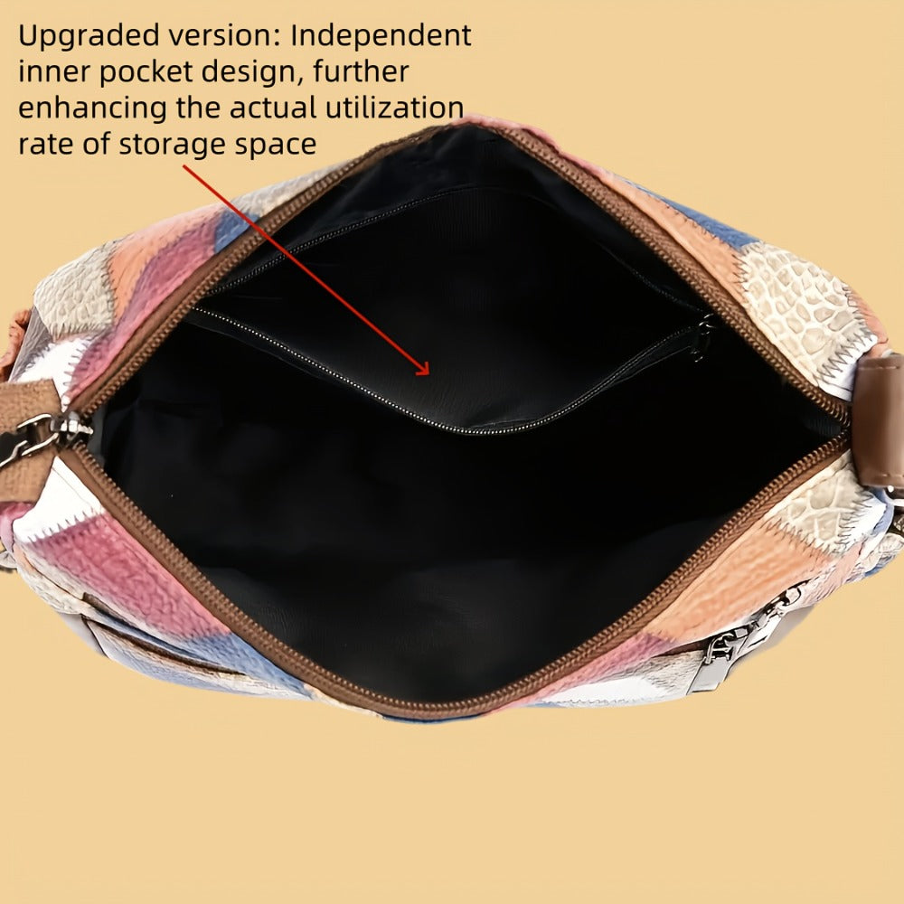 2pcs Set: Geometric Splicing Bag+premium Keychain, Women's Crossbody Bag, Large Capacity Imitation, Ethnic Style Shoulder Strap Embellishment, Daily Travel Handbag, Retro Style Shoulder Bag, Occasion Theme, Multifunctional Car Keychain