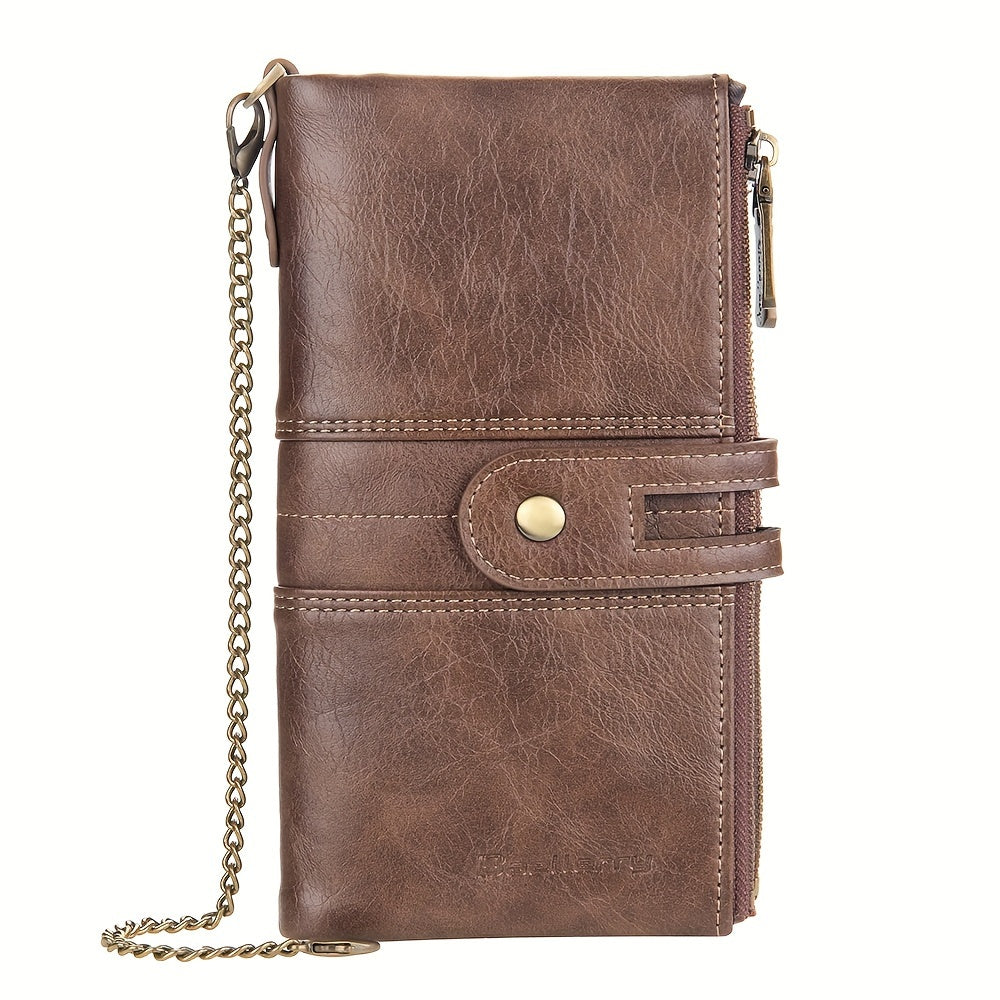Men'S Rfid-Blocking Bifold Wallet with Anti-Theft Chain, Double Zipper, Secure Handbag, Coin Pocket, And ID Window - Perfect Gift