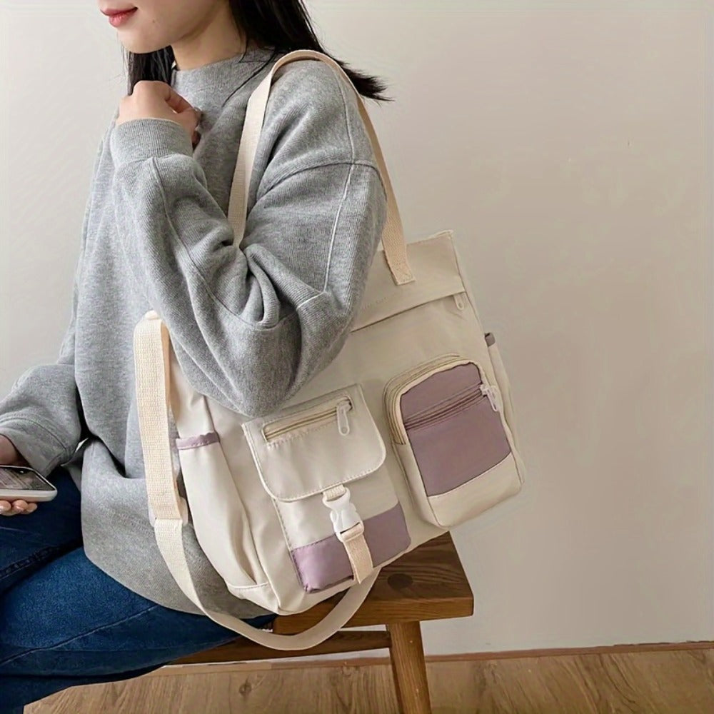 Artistic Girl Large Capacity Shoulder Bag, Versatile Student Contrast Color Messenger Bag, Portable Canvas Bag