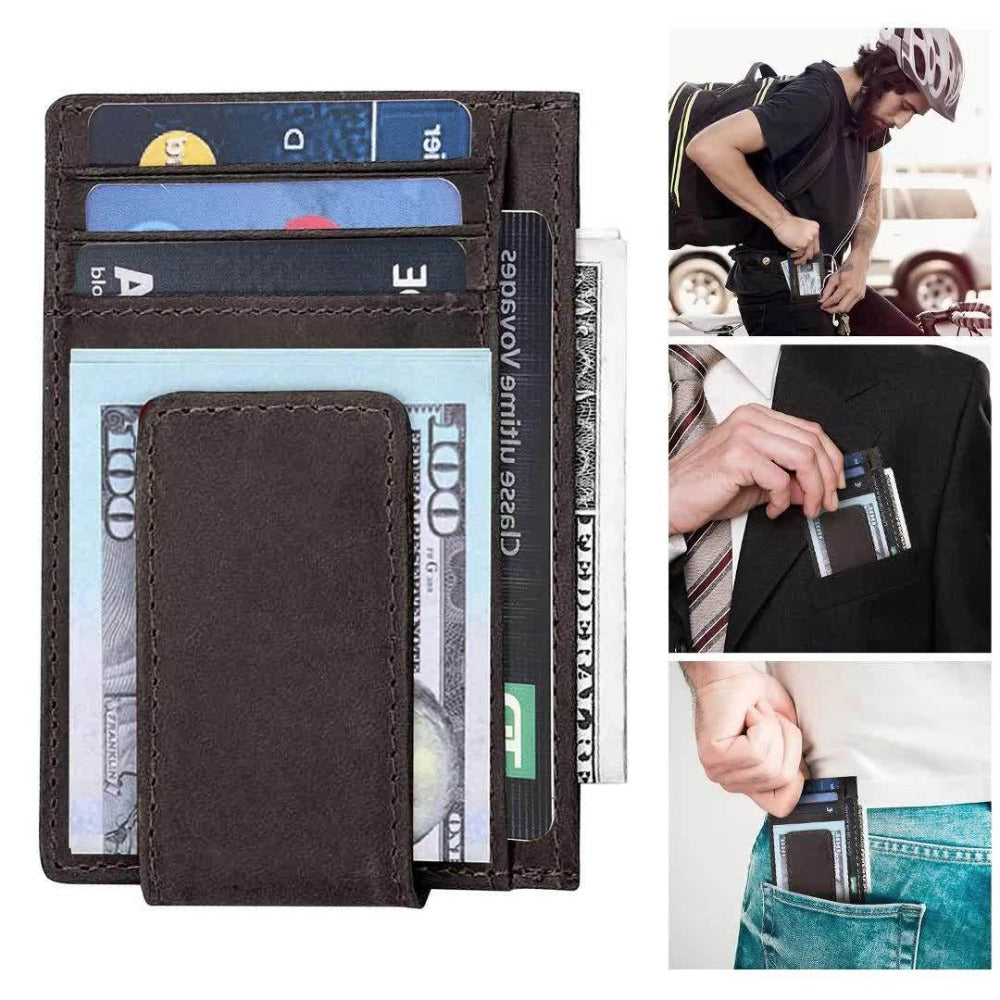 Leather Wallet for Men Featuring a Magnetic Money Clip, RFID Protection for Cards, a Slim Design for Front Pockets, Perfect As a Father'S Day Gift