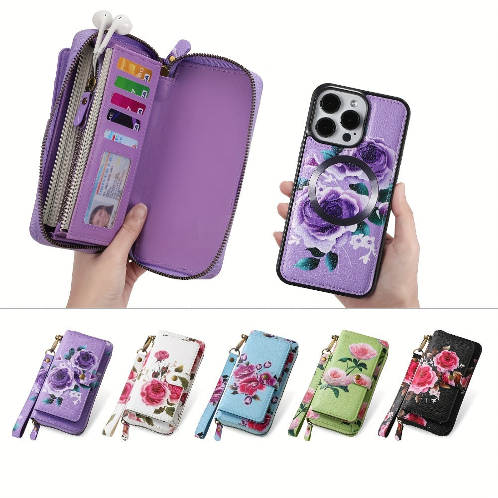 1 Random Floral Pattern Wallet (Purple Floral Design with Random Placement), Featuring Elegant Wristlet Design, Large Capacity Long Zipper Clutch, Multi-Card Slots Coin Purse, Women'S Multi-Functional Travel Wallet