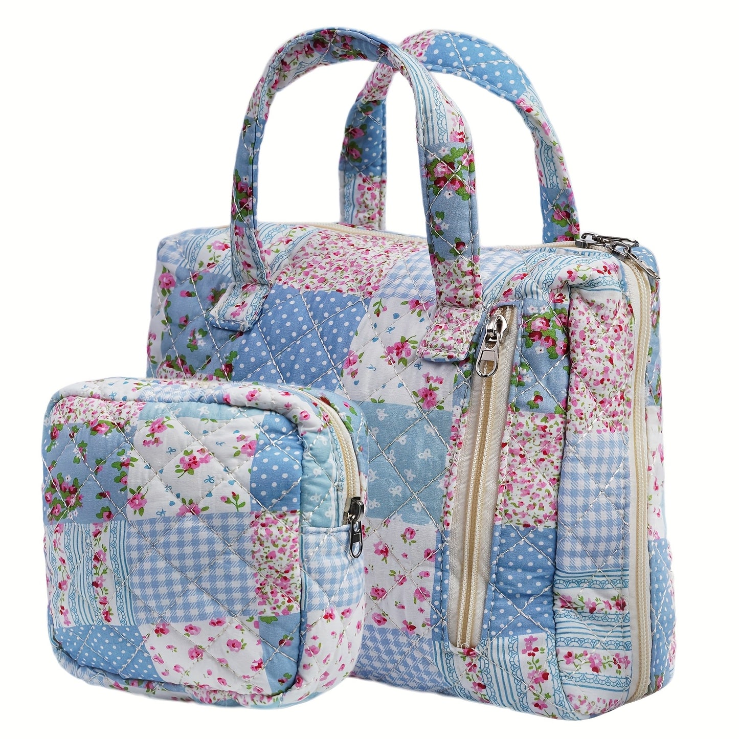 Cute Quilted Floral Print Fabric Bags 2pcs Set - Handbag, Makeup Pouch, Toiletry Bag, Coin Purse & Storage Pouch for Women | 2025 Collection
