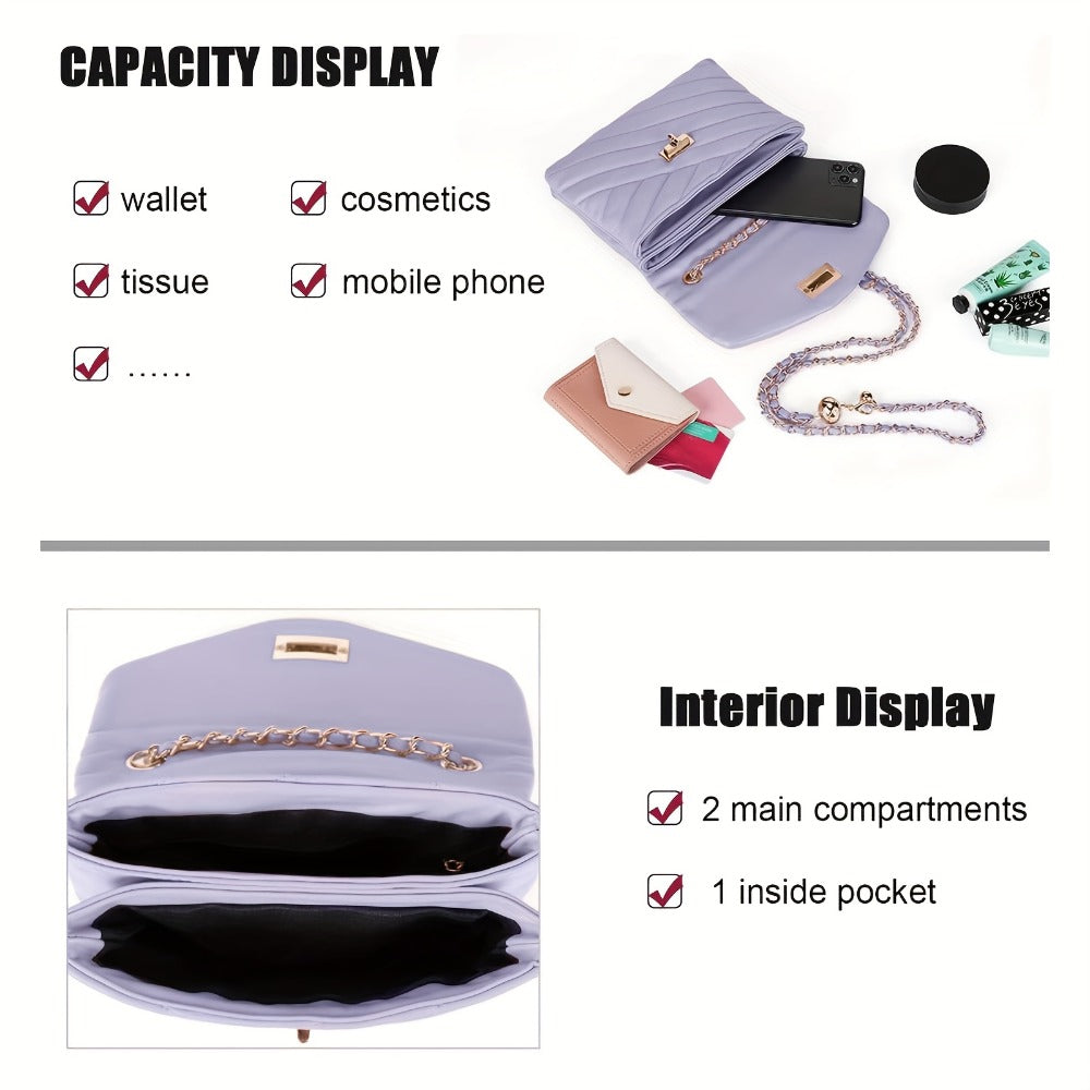 New Fashion Diamond Lattice Soft Chain Bag, Leisure And Easy with Pure Color PU Ladies Daily Travel Crossbody Bag