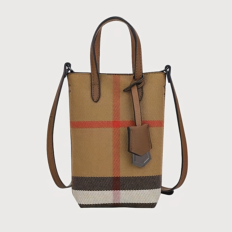 Vintage Mini Women'S Slant Back Mobile Phone Pouch, Lightweight Plaid Handheld Shoulder Crossbody Purse, Stylish Plaid Design for Phone And Keys