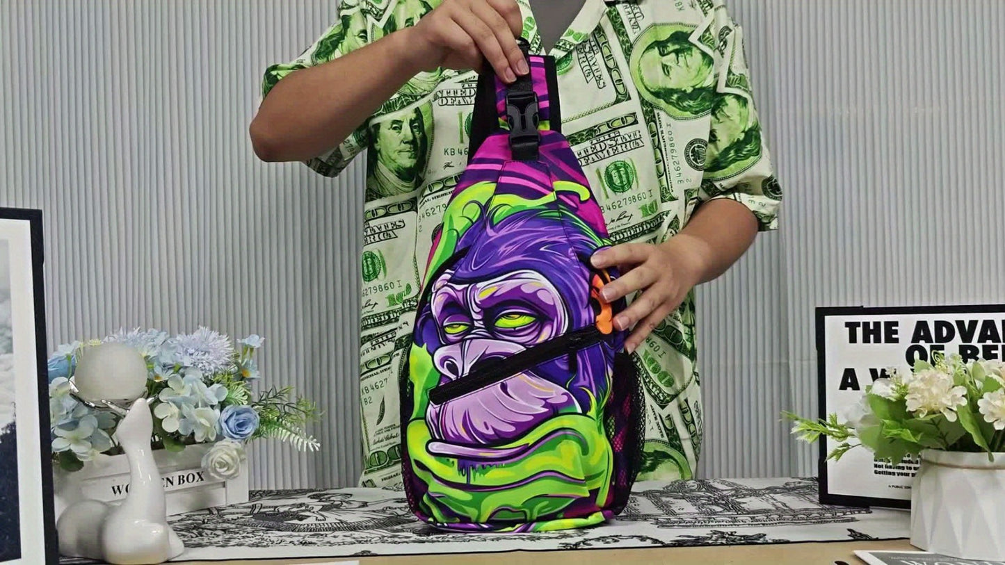 A Vibrant Gorilla-Themed Crossbody Chest Bag Suitable for Hiking, Featuring a Spacious Design. This Stylish And Sturdy Bag Is Perfect for Shopping, Work, Leisure Trips, Beach Outings