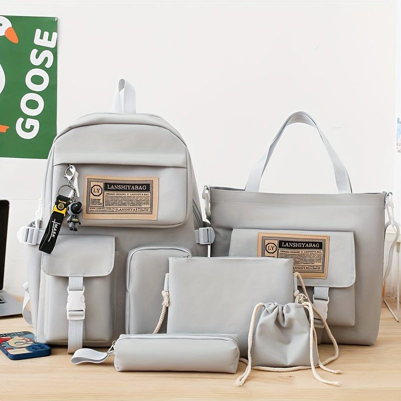 5pcs Solid Color Backpack Set, Large Capacity Double-ShoulderBag, Simple Tote, Pencil Bag, Casual Crossbody, Lightweight Student Shoulder Bag.