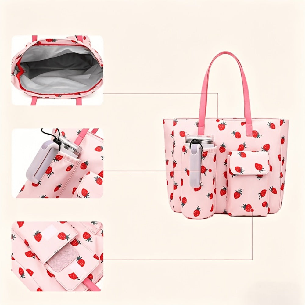 Nylon Fashionable Multi Pocket Water Cup Bag, Gym Bag, Tropical Ethnic Style Cute Strawberry Printed Large Capacity Women'S Tote Shoulder Bag Commuter Bag, Dry Wet Separation Lightweight Handbag, Suitable For Travel, School, Shopping, Dating, Beach