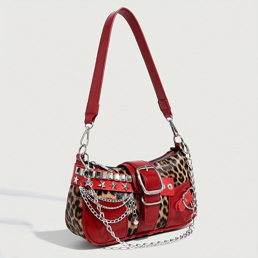 1pc Y2K-Inspired Red & Leopard Print Shoulder Bag with Chain Strap, Magnetic Closure, and Star Accents - Trendy Single-Strap Crossbody Bag for Women, Trendy Accessory | Playful Accessory | Durable Zippers, Shoulder Bag