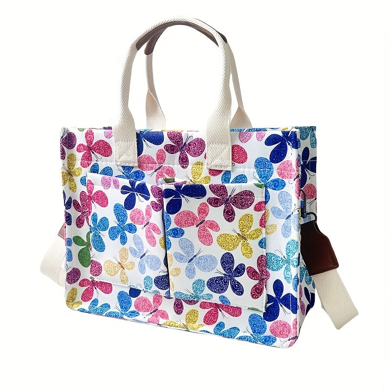 Tote Bag for Women Canvas Patched Purse Cute Shoulder Bag Multi-Pocket Satchel Handbag for Work Books Travel, Bag Only