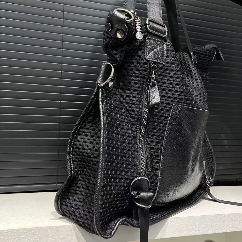 Women's Large Capacity Vintage Tote Bag - Genuine Top-Grain Leather, Secure Zipper Closure & Mesh-like patch, Convertible Crossbody/Handbag with Strap, Structured Bottom for Everyday, Office, Travel - Luxury Purse, Crossbody Purse