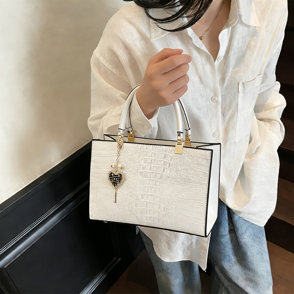 2pcs Women's Crocodile Texture Tote and Matching Pouch - Luxury Zipper Handbag Suitable for Business, Weddings, Parties - Wear-Resistant Dual-Use for Clutch or Accessory Carrier