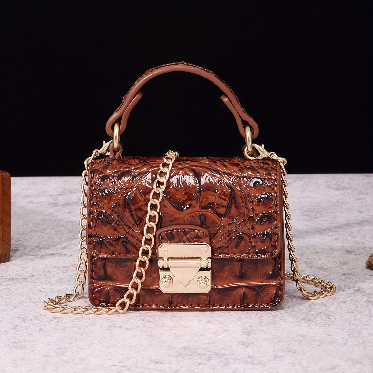 Shoulder Bag for Women – Polyester, Crocodile Print Golden Hardware Detachable – front view - product view 14