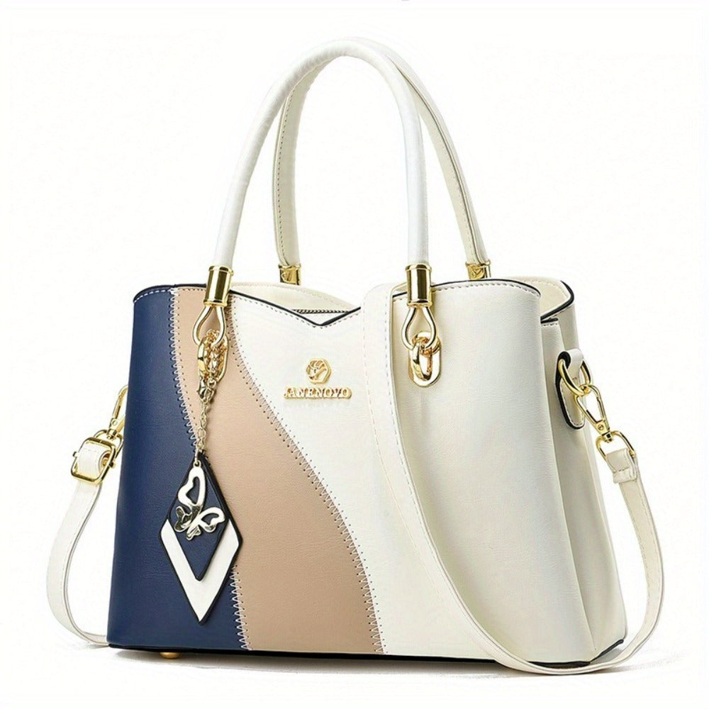 Colorblock Top-Handle Satchel Bag for Women - Faux Leather Purse with Zipper Closure, Large Capacity Shoulder Tote with Messenger Strap and Edge Paint Detail, Fashionable Handbag