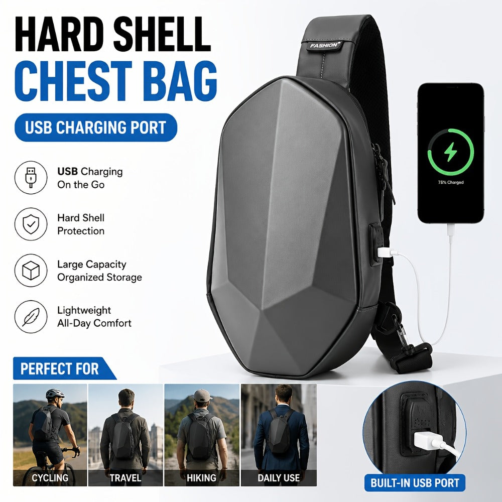 [Hard Shell Chest Bag] JUAMHE Men's Geometric Hard Shell Chest Bag, Scratch-Resistant and Crossbody Backpack with USB Port, Everyday Casual Bag