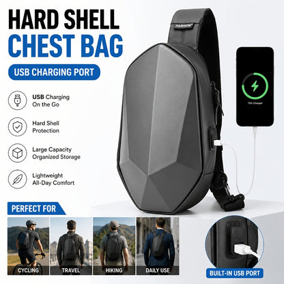 [Hard Shell Chest Bag] JUAMHE Men's Geometric Hard Shell Chest Bag, Scratch-Resistant and Crossbody Backpack with USB Port, Everyday Casual Bag
