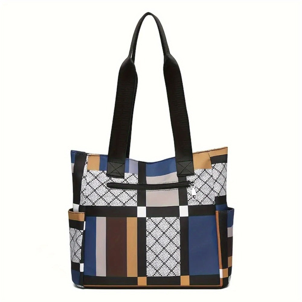 A Geometric Design Tote Bag Made of Lightweight Nylon with a Zipper, It Is Foldable And Versatile, Offering Ample Space for School, Work, Or Travel