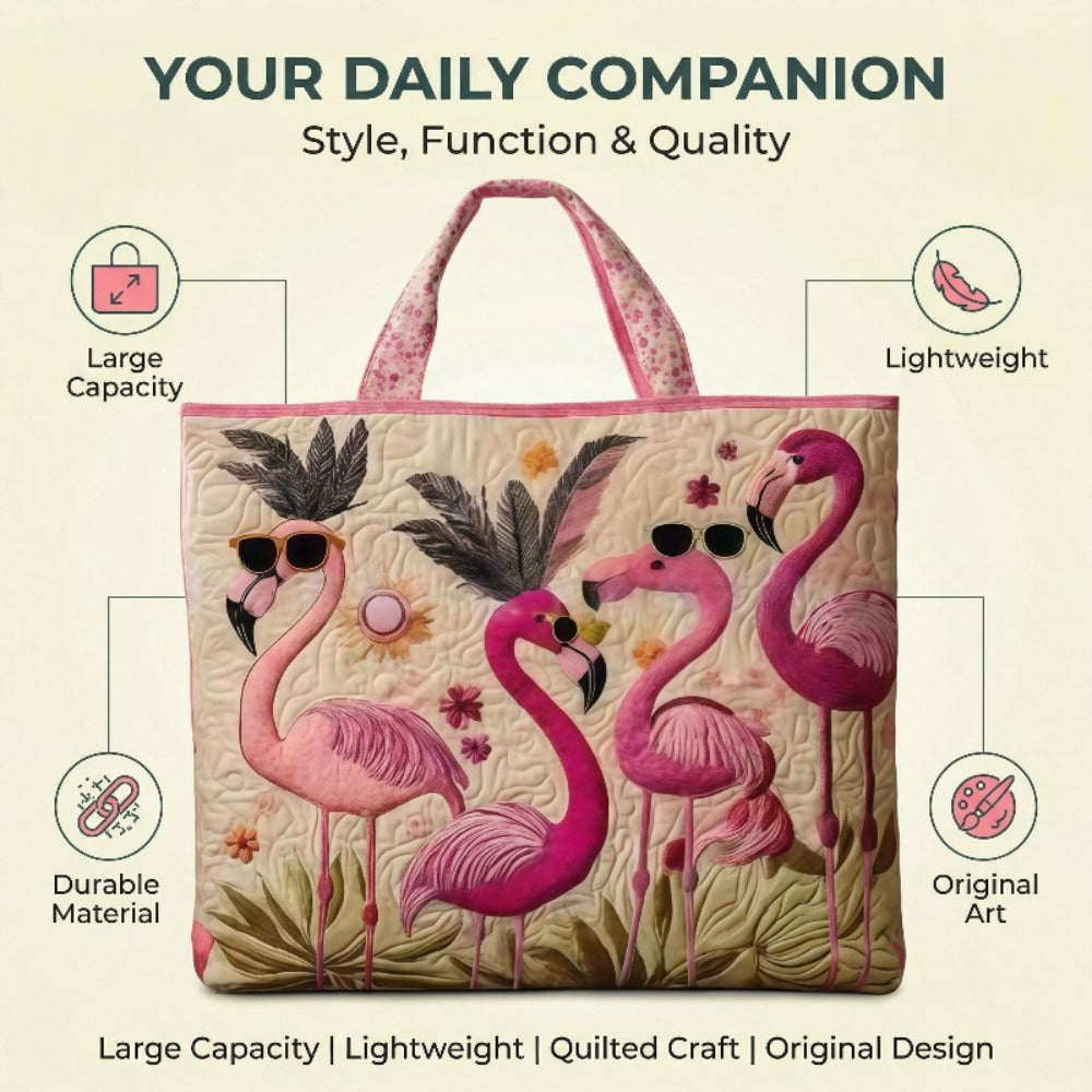 Flamingo with Sunglasses Quilted Applique Tote Bag, Tropical Summer Shoulder Purse for Women