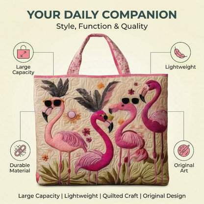Flamingo with Sunglasses Quilted Applique Tote Bag, Tropical Summer Shoulder Purse for Women