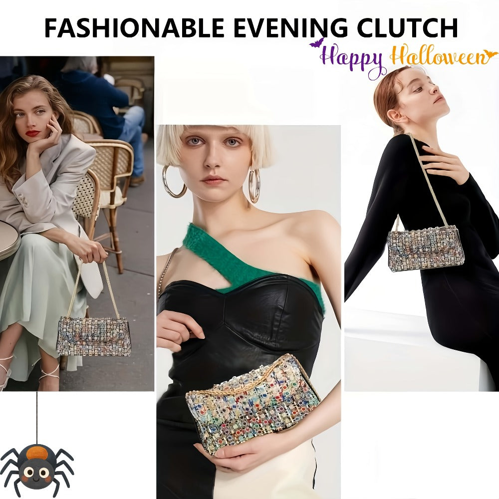 Rhinestone Clutch Bag Women'S Evening Bag, Sparkling Handheld Party Wallet, Texture, Full Diamond Heavy Decoration, Large Capacity, Golden Chain Shoulder Strap, Suitable For Dinner, Party, Formal Events, Halloween Gifts, Christmas Gifts