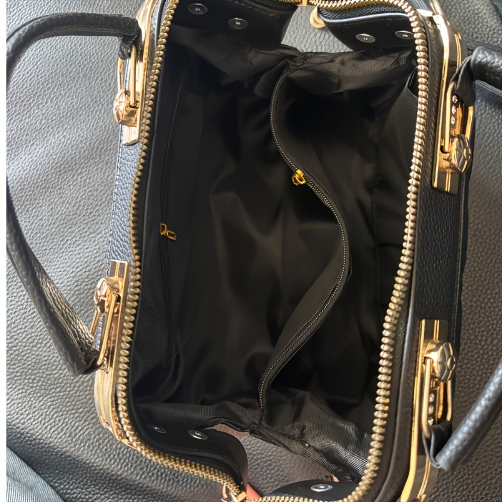 Black Quilted Boston Bag with Golden Hardware And Adjustable Shoulder Strap - Elegant Heart-shaped Rhinestone Ornament, Pattern Design And Stylish Rivet Details