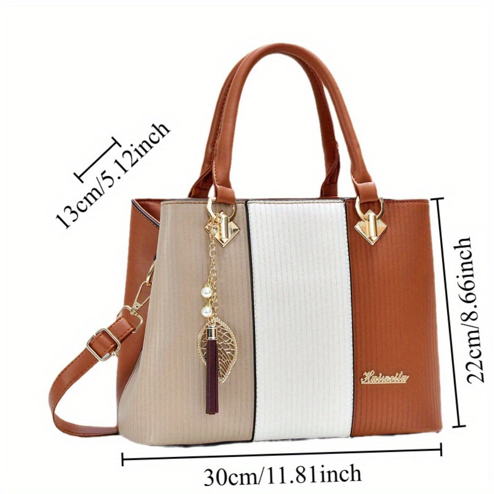 New Colorblock Large Capacity Women's Handbag, Stylish Commuter Tote And Shoulder Crossbody Bag, Perfect Mom Bag