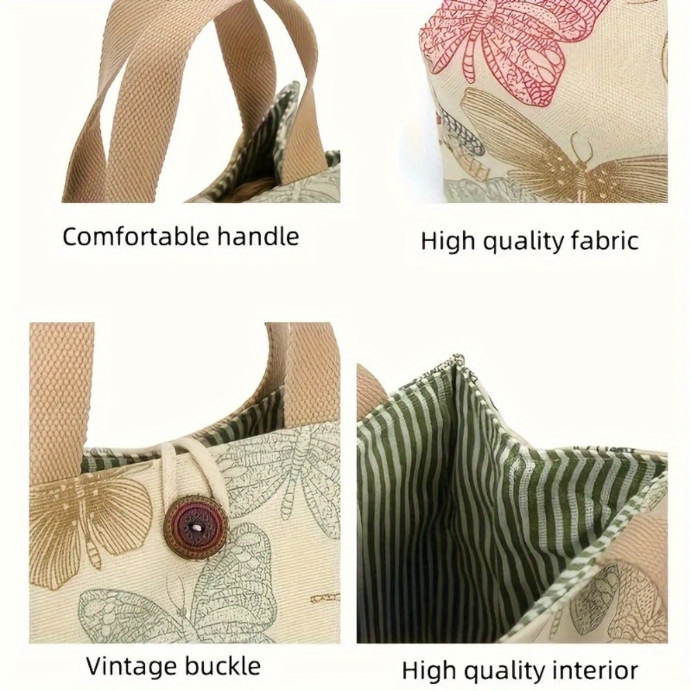 Fashionable Butterfly Printed Canvas Handbag - Portable Lunch Bag With Safety Buckle, Suitable For School, Travel, Picnicking, And Office Use