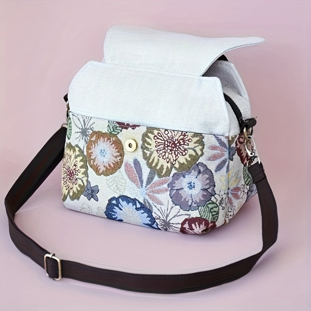 Bohemian Floral Crossbody, Multi-Compartment Handbag with Beaded Accents, Zipper Closure And, Casual Vacation Everyday Purse, Travel Accessory, Ethnic Pattern, Stylish Accents, Women'S Accessory, Stylish Shoppers