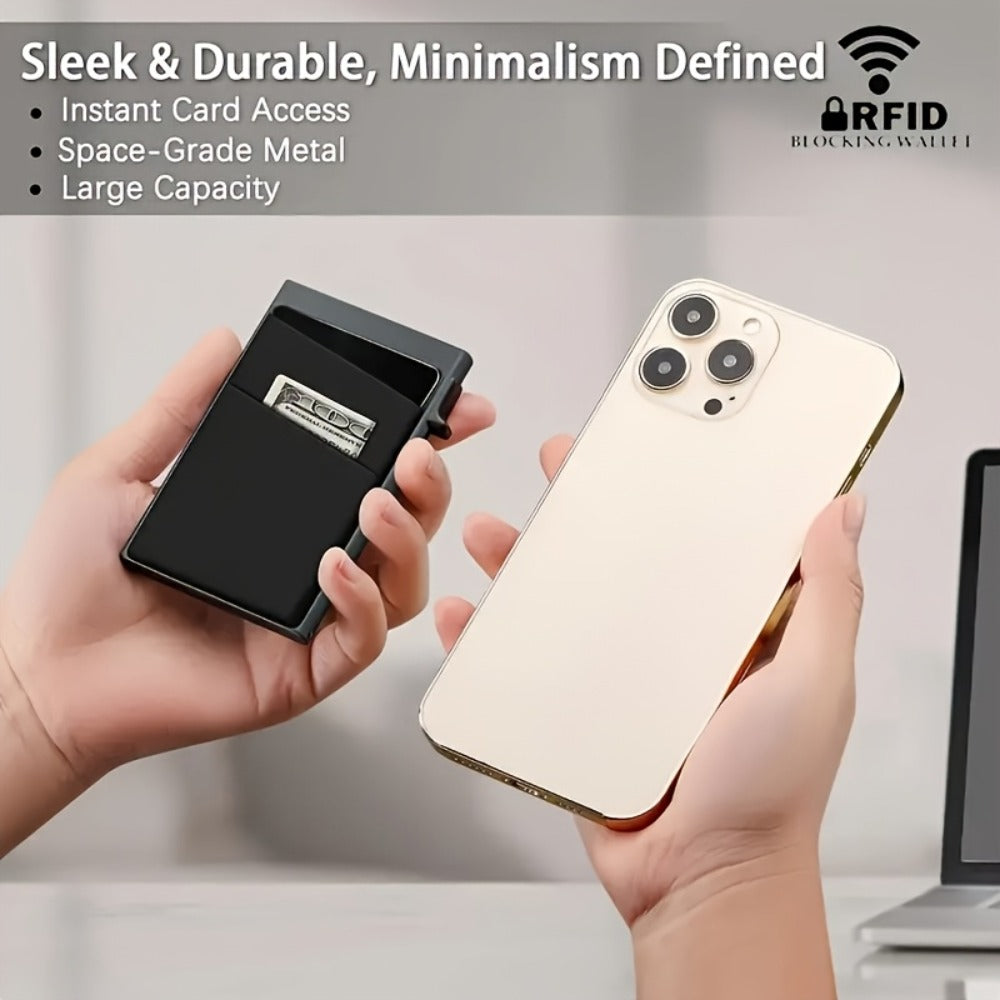 Slim Wallet for Men - Pop Up Card Holder RFID Blocking Minimalist Business Credit Card Wallet with Money Pocket Metal Card Case for Notes And Coins And Debit Cards