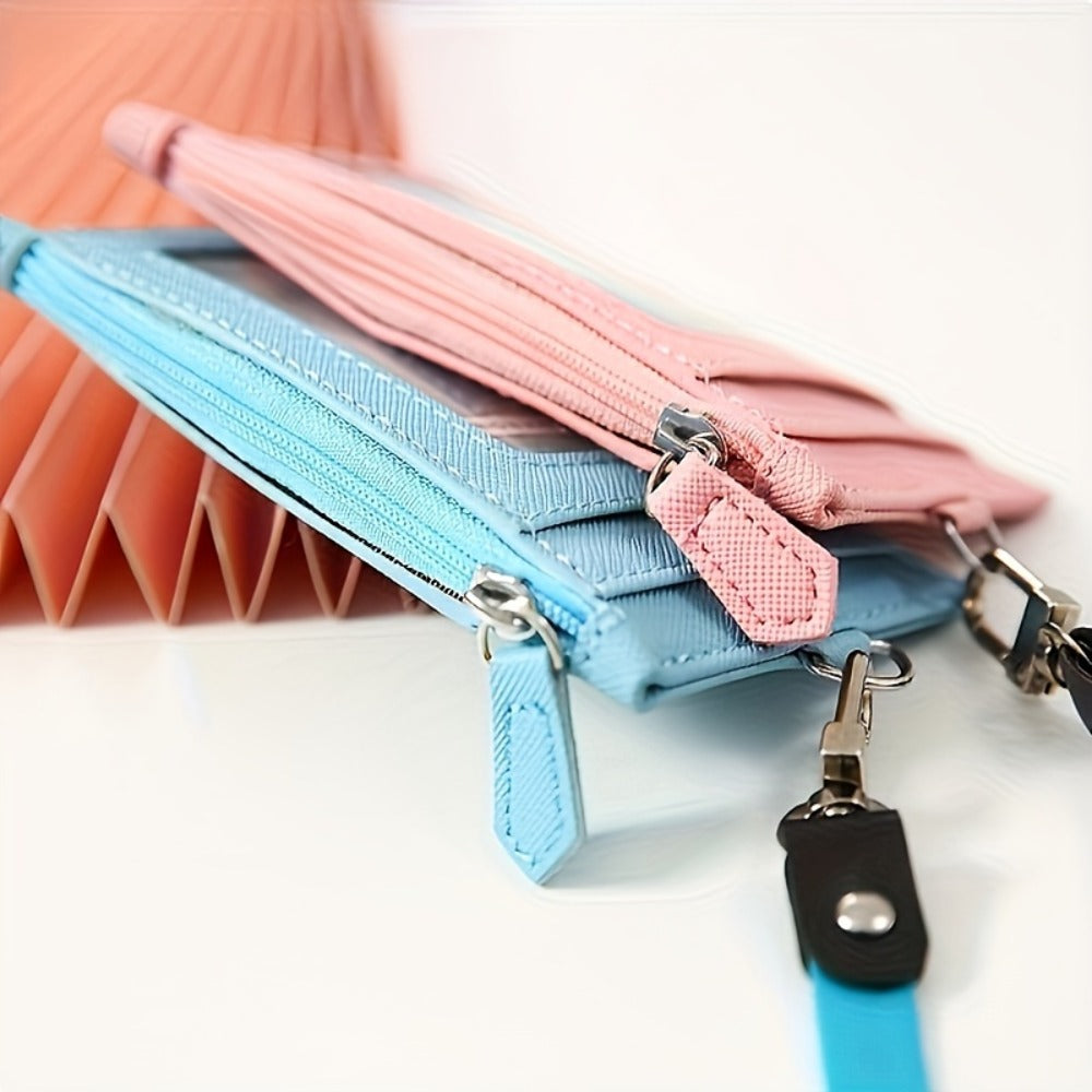 1pc Casual Faux Leather Card Holder with Lanyard, Zippered ID Case, Unlined, Hand Washable, with Lanyard for Card Storage