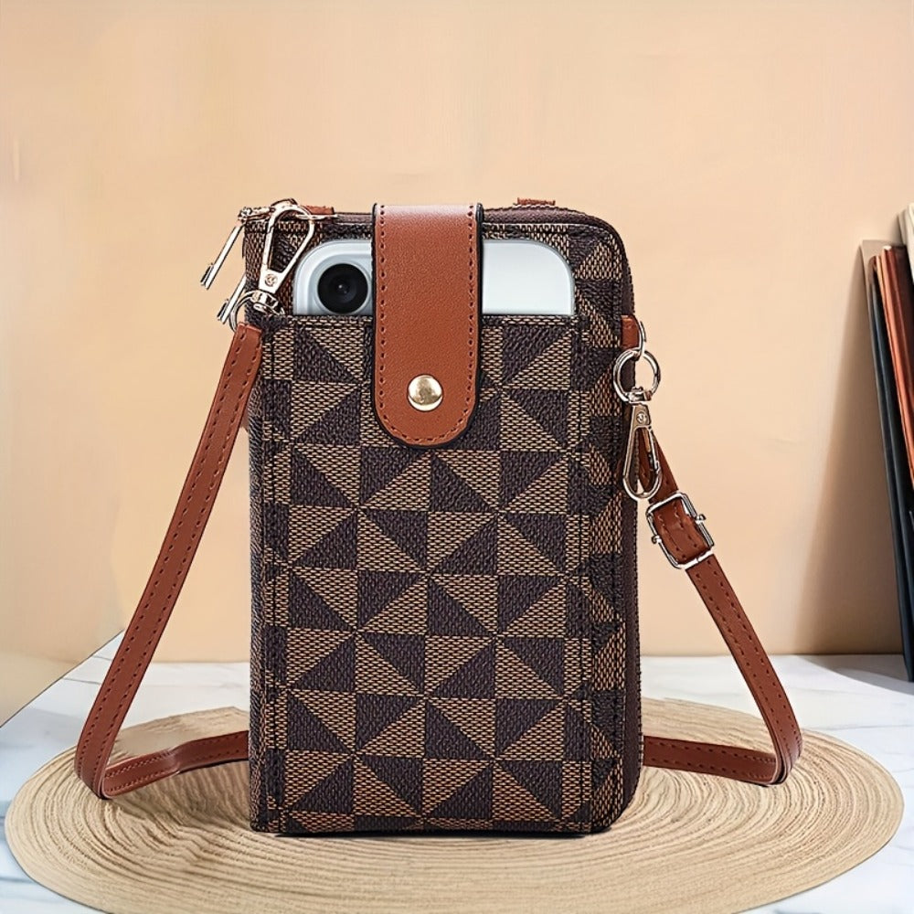Compact Crossbody Phone Wallet for Women - Features an Adjustable Strap, Ideal for Outdoor Activities, with Various Credit Card Slots And a Zipper Closure. This Blue And Brown Geometric Patterned Mini Shoulder Bag Is Durable And Perfect for Daily Es