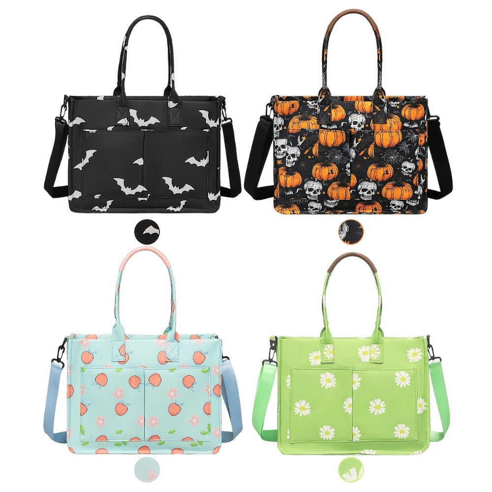 Discount - Ladies' Large-capacity Handbag, Featuring Three-color Top Handles (pumpkin Skull, Peach And Daisy Patterns), Polyester Lining, with Detachable Shoulder Straps - Durable, Casual Sporty Design, Holiday Gift.