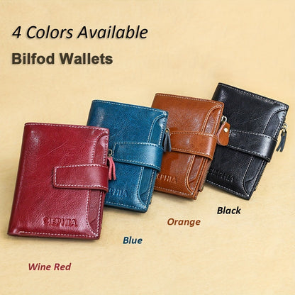Fashion Genuine Leather Wallets for Women RFID Blocking Wallet Bifold Card Holder with ID Window Zipper Coin Pocket