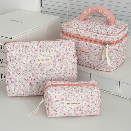 Women'S Corduroy Makeup And Toiletry Organizer Bag - Large Capacity Lightweight Travel Cosmetic Case with Zipper Closure, Durable Fabric for Daily Use And Trips, Pastel Pink And Floral Design