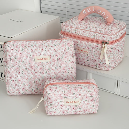 Women'S Corduroy Makeup And Toiletry Organizer Bag - Large Capacity Lightweight Travel Cosmetic Case with Zipper Closure, Durable Fabric for Daily Use And Trips, Pastel Pink And Floral Design